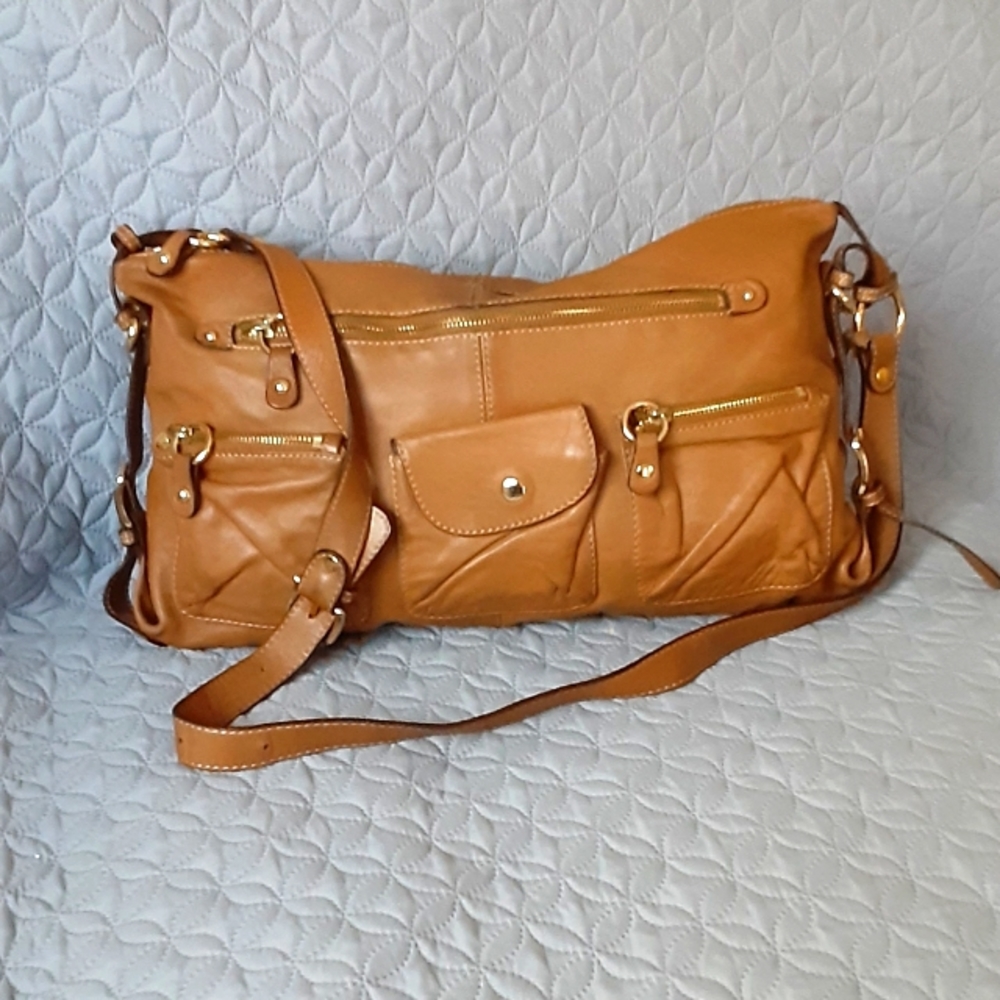 Rabeanco tan soft leather wide messenger bag